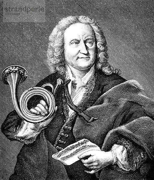 Historische Zeichnung aus dem 19. Jahrhundert  Portrait von Gottfried Reiche  1667 - 1734  ein Trompetenvirtuose des Barock und Komponist zahlreicher Bläserstücke