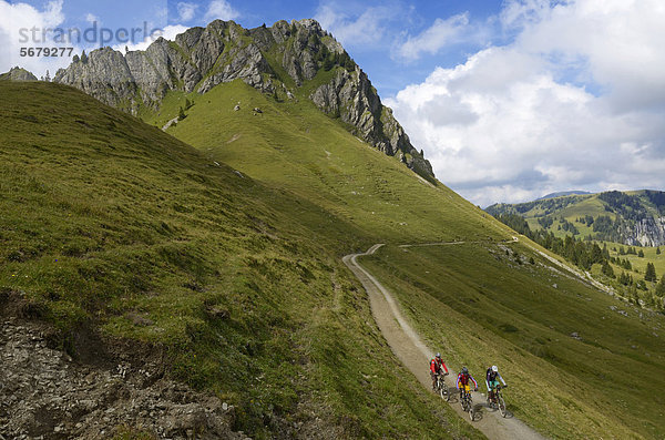 Mountainbiker bei der Auffahrt zum Seebergsee  Zweisimmen  Gstaad  Saanenland  Berner Oberland  Schweiz  Europa