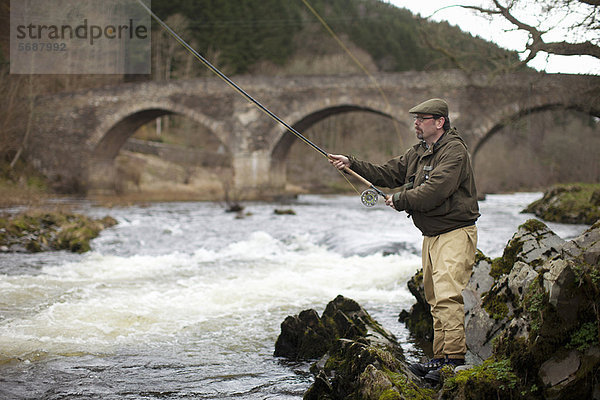 Mann fischt Lachs im Fluss