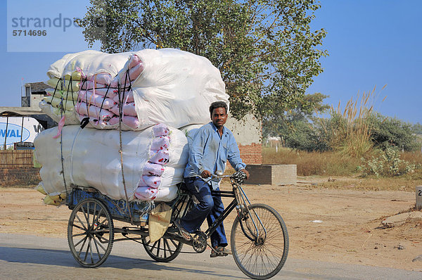 Inder mit beladener Fahrrad-Rikscha  Rajasthan  Indien  Asien  ÖffentlicherGrund