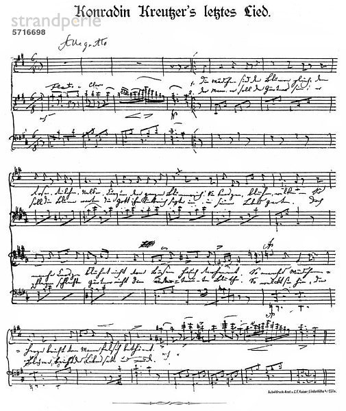 Historische Notenhandschrift  das letzte Lied von Conradin oder Konradin Kreutzer  1780 - 1849  ein deutscher Musiker  Dirigent und Komponist der Frühromantik und des musikalischen Biedermeier