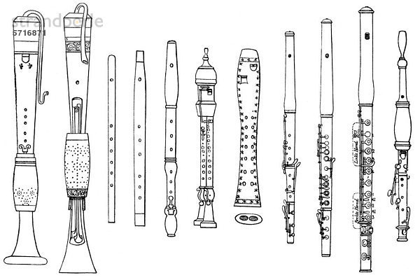 Historische Zeichnung  verschiedene Formen von alten Holzblasinstrumenten  Flageolett  Schnabelflöte  Querflöte  Doppelflöte  Blockflöte