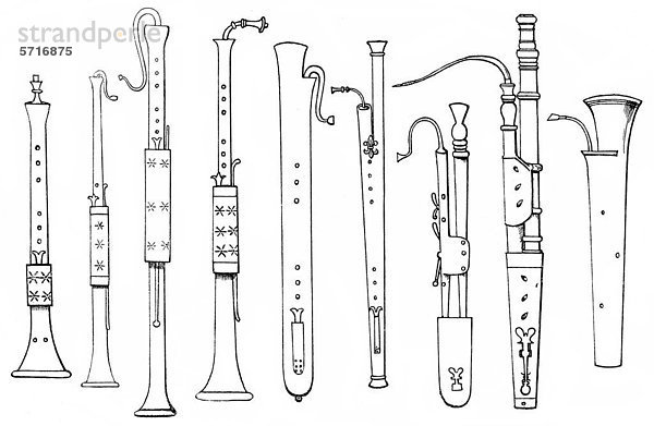 Historische Zeichnung  verschiedene Formen von alten Holzblasinstrumenten  Pommer  Schalmei  Oboe  Fagott