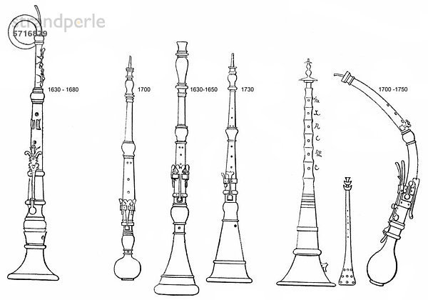 Historische Zeichnung  verschiedene Formen von alten Holzblasinstrumenten  Englischhorn  Oboe  Oboe da Caccia