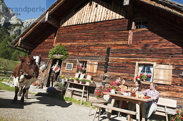 Österreich  Salzburger Land  Männer und Frauen sitzen und trinken auf der Almhütte  Musiker im Hintergrund