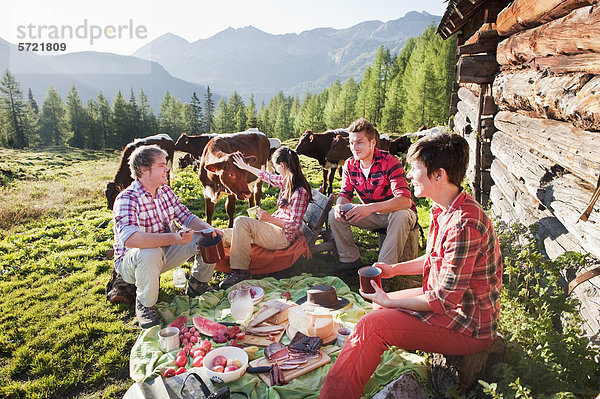 Österreich  Salzburger Land  Männer und Frauen beim Picknick in der Nähe der Almhütte bei Sonnenuntergang