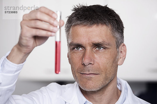 Deutschland  Bayern  München  Wissenschaftler mit roter Flüssigkeit im Reagenzglas für medizinische Forschung im Labor