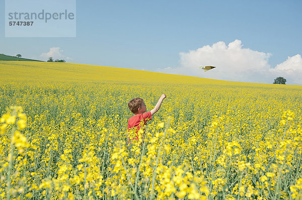 Junge spielt mit Papierflugzeug im Feld