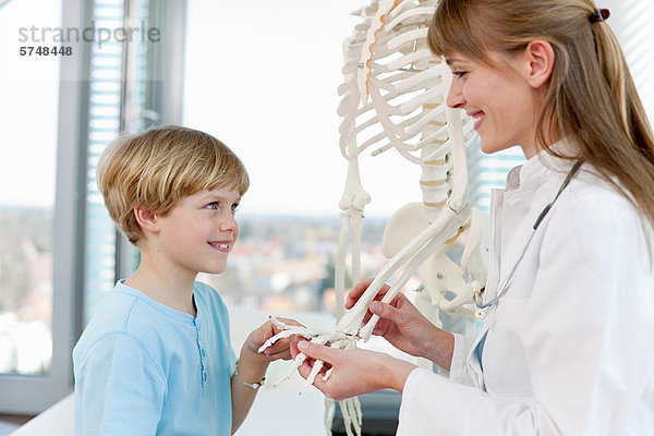 Arzt zeigt Skelettmodell dem Patienten