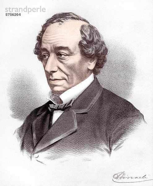 Historische Chromolithographie aus dem 19. Jahrhundert  Portrait von Benjamin Disraeli  1804 - 1881  1. Earl of Beaconsfield  ein konservativer britischer Staatsmann und Romanschriftsteller  britischer Premierminister