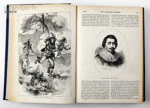 Ein aufgeschlagenes Buch aus dem 19. Jahrhundert über die Geschichte der USA mit Indianermotiv