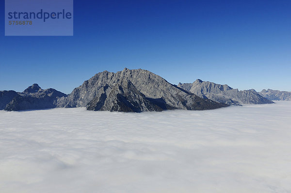 Blick vom Jenner in das darunterliegende Nebelmeer und die Watzmann-Ostwand  Berchtesgadener Land  Oberbayern  Bayern  Deutschland  Europa