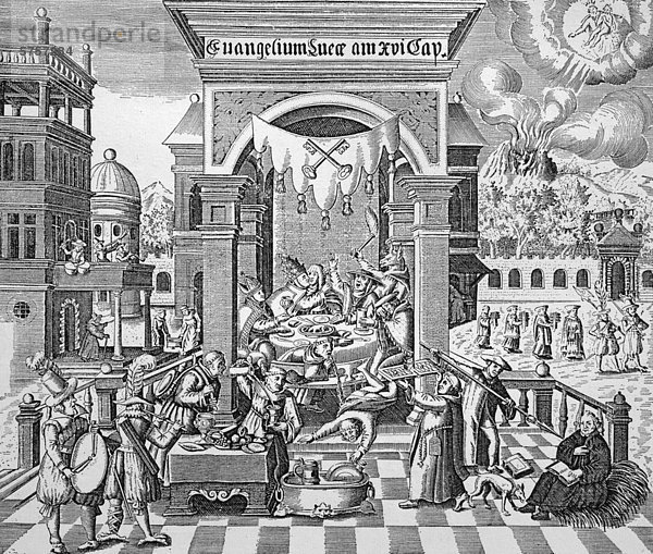 Karikatur auf das ausschweifende Leben am päpstlichen Hofe  deutscher Kupferstich aus dem 16. Jahrhundert