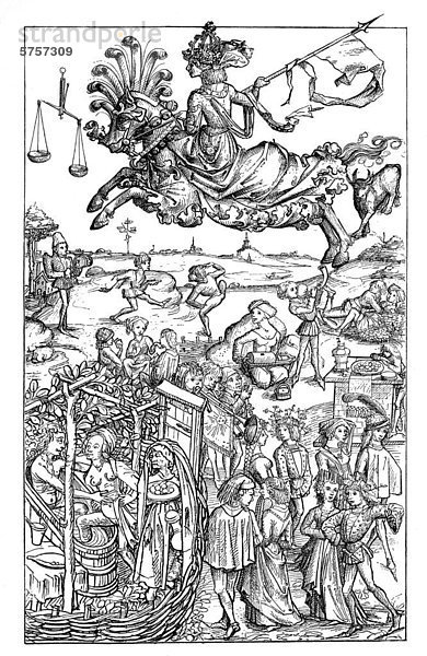 Die Freuden des Lebens  Federzeichnung aus einem mittelalterlichen Hausbuch  17. Jahrhundert