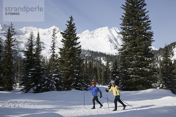 Zwei junge Frauen Langlauf auf einem Trail in Island Lake Resort  Fernie  Britisch-Kolumbien  Kanada.