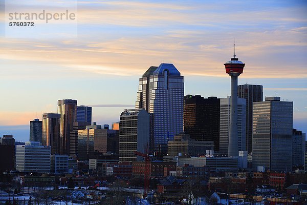Calgary Tower und die Skyline der Innenstadt Stadt in der Abenddämmerung  Calgary  Alberta  Kanada