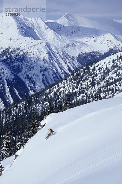 Ein Snowboarder machen einige feines Pulver dreht sich im Hinterland des Kicking Horse Resort  British Columbia  Kanada