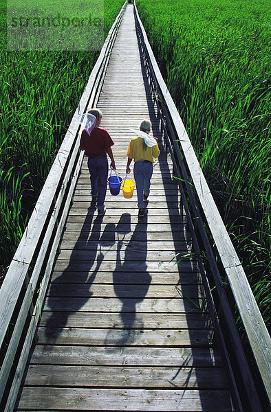 Kinder entlang Boadwalk mit Netzen und Eimer  Grassy Narrows  Hecla/Grindstone Provincial Park  Manitoba  Kanada