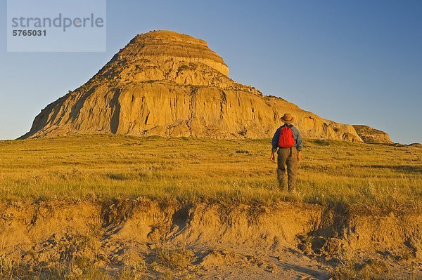 Ein Wanderer geht in Richtung Burg Butte  Big Muddy Badlands  Saskatchewan  Kanada