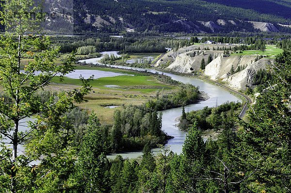 Die Bahn  die entlang die Feuchtgebiete des Columbia River in der Nähe von Radium Hot Springs  Britisch-Kolumbien  Kanada