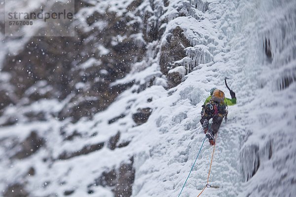 Eine starke weibliche Kletterer Eis klettert Moonlight WI4  auch Thomas Creek  Kananaskis  Alberta  Kanada