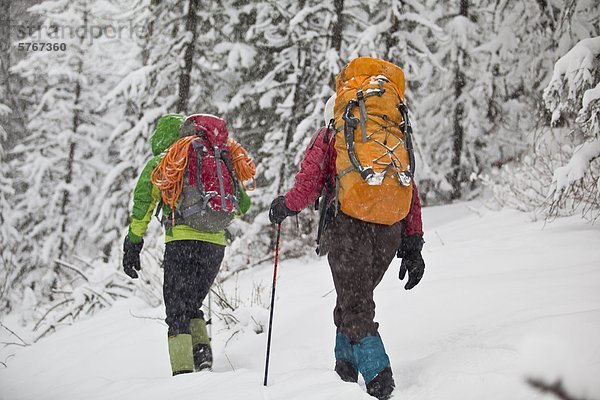 Zwei weibliche Eiskletterer Überschrift um zu klettern Moonlight WI4  auch Thomas Creek  Kananaskis  Alberta  Kanada