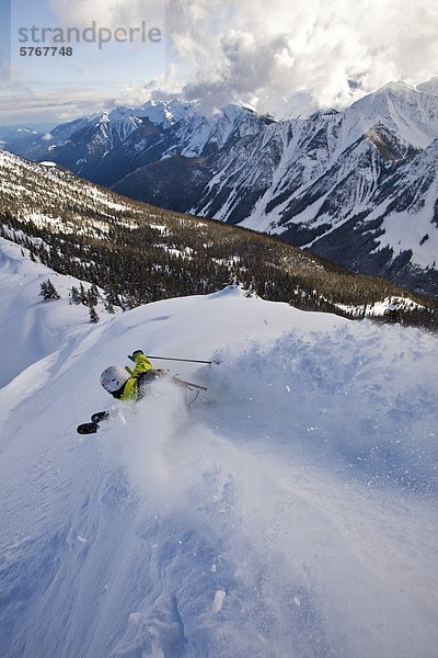 Junge männliche Skifahrer Schrägstriche ein Pulver-Zuges  Kicking Horse Resort  Britsh Columbia  Kanada