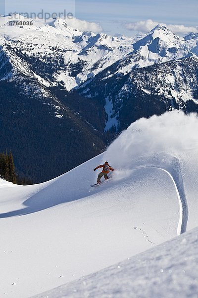 Ein Hinterland Snowboarder sprüht ein Pulver-Zuges auf einer Katze-Ski-Reise. Monashee  Vernon  Britsh Columbia  Kanada