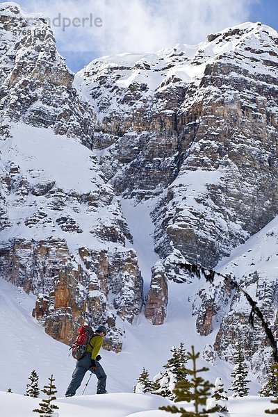 Eine männliche Telemark-Skifahrer-Skins seinen Weg bis in die alpinen  Icefields Parkway  Banff Natinoal Park  Alberta  Kanada