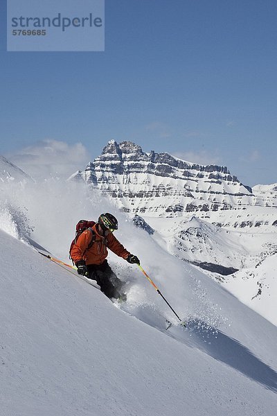 Junger Mann Ski Pulver am Lake Louise Ski Area  Banff Nationalpark  Alberta  Kanada.