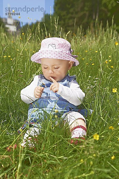 Weibliches Baby sitzt in einer Wiese mit Butterblumen