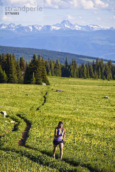 Eine junge asiatische Frau Trailrunning schöne Singletrails in den der Trophy Berge  Wells Grey Provincial Park  Clearwater  Britisch-Kolumbien  Kanada