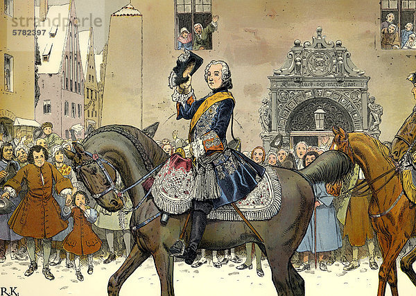 Der Einzug in Breslau  1741  Friedrich II. oder Friedrich der Große oder der Alte Fritz  Historienmalerei aus dem 19. Jahrhundert