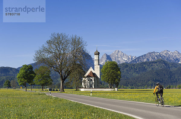 Radfahrer auf der Straße zur Wallfahrtskirche St. Coloman  Schwangau bei Füssen  Bayerische Alpen  Allgäu  Oberbayern  Bayern  Deutschland  Europa