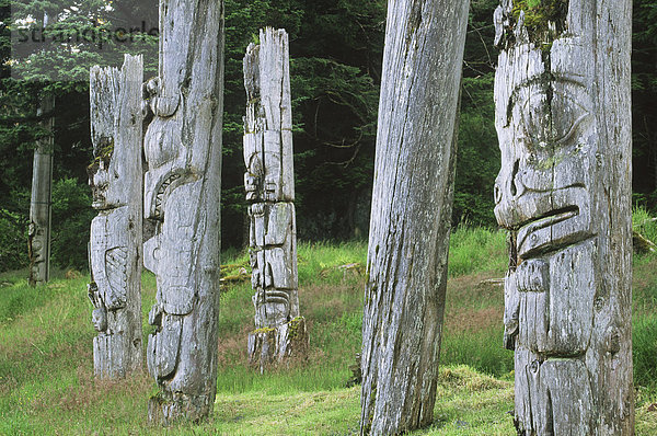 Queen Charlotte Islands  Dorf Ninstints (Nad Sdins)  Anthony-Insel (SGaang Gwaay)  Verwittert Leichenhalle Totempfähle  British Columbia  Kanada.