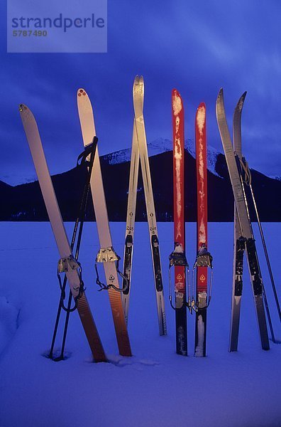 Hinterland Skifahrer Skier stand gehalten in einem Schornstein auf der gefrorenen Oberfläche der Isaac-See in der Dämmerung im Winter Bowron Lakes Provincial Park  British Columbia  Kanada.