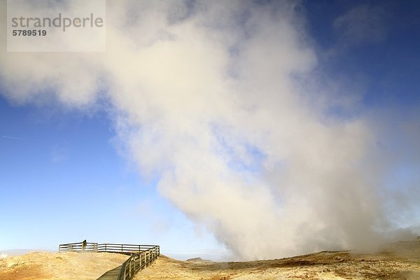Holzweg vor Fumarolen des Sudurnes-Geothermalkraftwerk auf der Halbinsel Reykjanes  Island