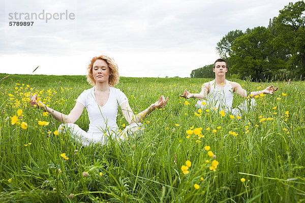 Junges Paar auf einer Wiese macht eine Yogaübung