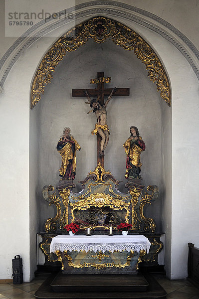 Der Kreuzaltar mit Reliquienschrein in der Stadtpfarrkirche St. Johannes Baptist  Oberer Hauptplatz  Pfaffenhofen  Oberbayern  Bayern  Deutschland  Europa