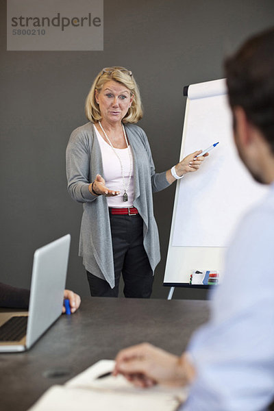Geschäftsfrau erklärt bei der Verwendung von Whiteboard im Meeting