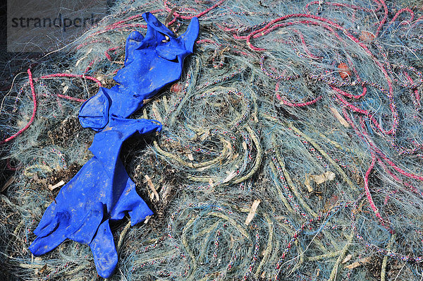 Fischernetze mit gebrauchten blauen Handschuhen  Elba  Toskana  Italien  Europa