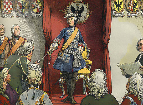 Huldigung Friedrichs II. in Breslau nach der Eroberung von Schlesien  im Rathaus von Breslau erkennen die schlesischen Stände die preußische Oberherrschaft an  Friedrich II. oder Friedrich der Große oder der Alte Fritz  1712 - 1786  König von Preußen sowie Kurfürst von Brandenburg aus dem Adelshaus Hohenzollern  Historienmalerei aus dem 19. Jahrhundert