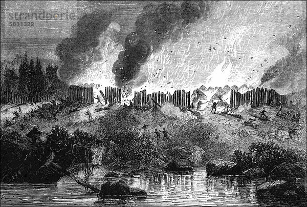Historische Zeichnung aus der US-amerikanischen Geschichte  Angriff auf das Pequot Fort  Niederlage des Indianerstammes der Pequot im Pequotkrieg 1637 gegen die Engländer  Connecticut  USA
