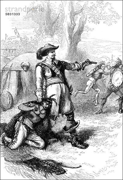Historische Szene aus der US-amerikanischen Geschichte im 17. Jahrhundert  Colonel William Atherton kämpft gegen Indianer  Neuengland  USA  um 1660