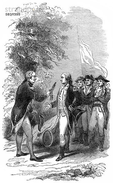 Historische Zeichnung aus der US-amerikanischen Geschichte im 18. Jahrhundert  die Kapitulation von General Burgoyne nach den Schlachten von Saratoga  1777  im Amerikanischen Unabhängigkeitskrieg  John Burgoyne  1722 - 1792  ein britischer General und Schriftsteller