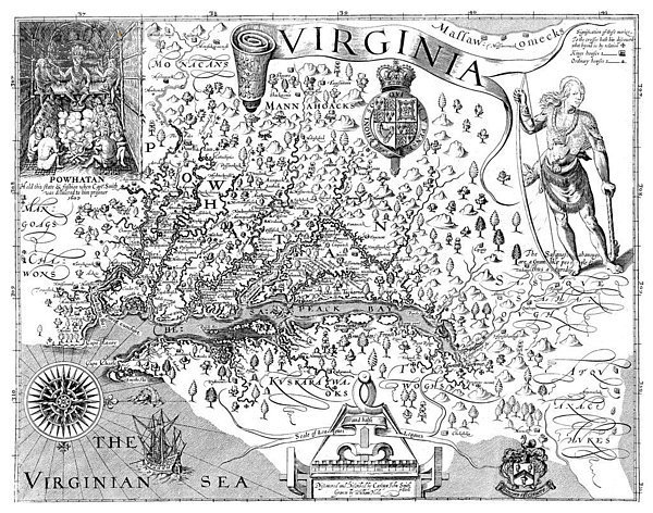 Historische Zeichnung aus der US-amerikanischen Geschichte  Karte von Virginia  1607  erstellt von Kapitän John Smith  1580 - 1631