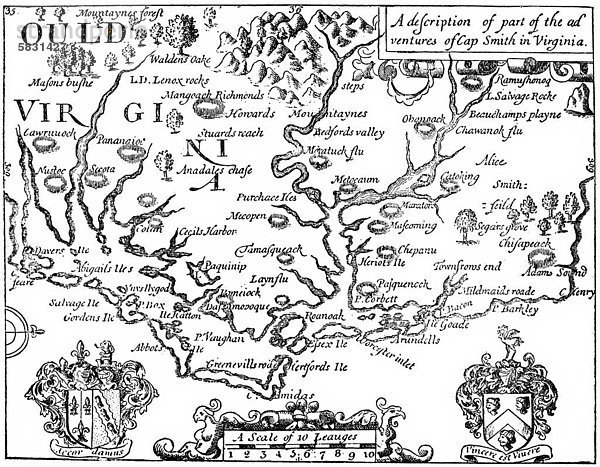 Historische Zeichnung aus der US-amerikanischen Geschichte  Landkarte von Virginia  erstellt von Kapitän John Smith  1580 - 1631