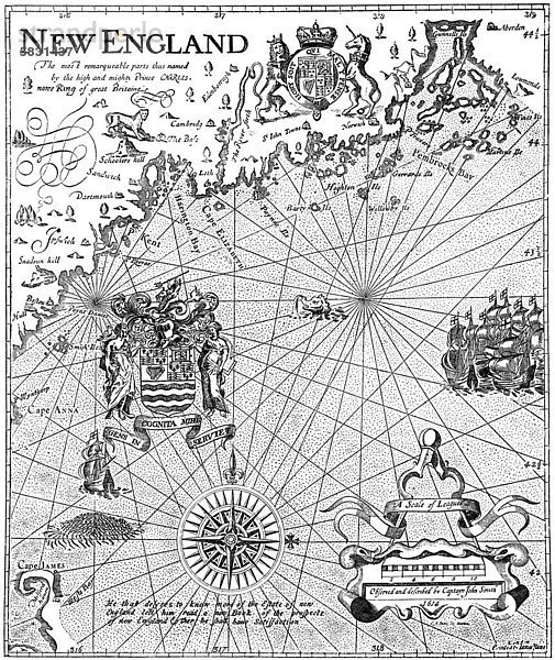 Historische Zeichnung aus der US-amerikanischen Geschichte  Detail einer Landkarte von 1606  von Kapitän John Smith  1580 - 1631