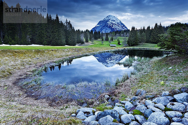 Berggipfel der Hohen Munde spiegelt sich in einem Teich  Seefeld  Nordtirol  Tirol  Österreich  Europa