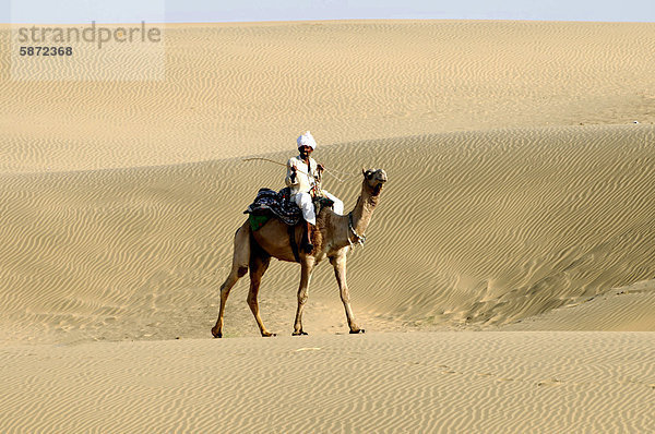 Ein Inder  mit traditionellem Dhoti und Turban bekleidet  reitet auf seinem Kamel  Dromedar (Camelus dromedarius) durch die Wüste  Wüste Thar  Rajasthan  Indien  Asien